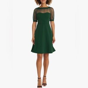 Maggy London Dark Green Mesh‎ Illusion Short Sleeve Dress With Pockets